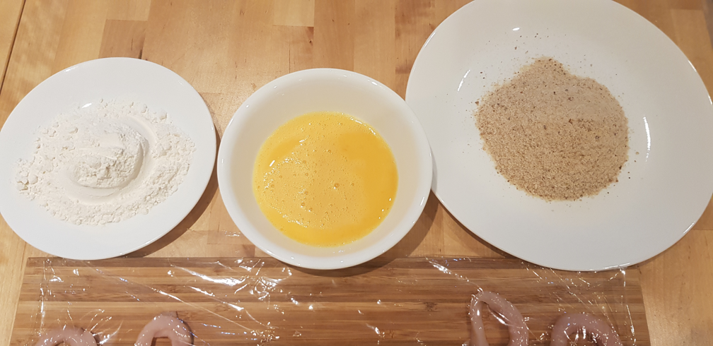 Battering sequence of flour, eggs, and bread-crumbs